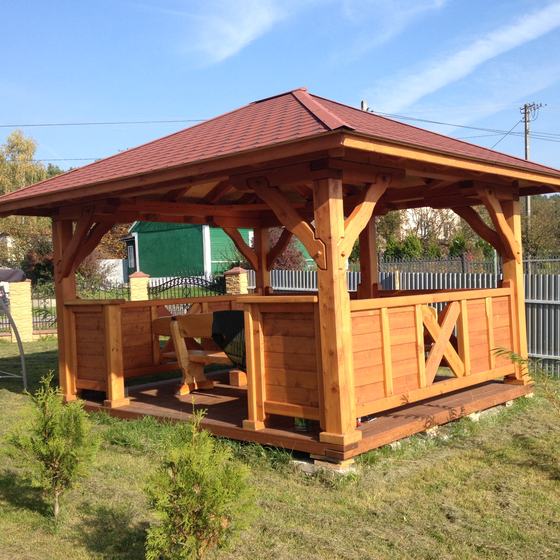 Altana drewniana wolnostojąca, AW019, wymiar 3x4m, kolor teak, pokrycie gont czerwony, dach 4S, barierka B03, realizacja Ciesielnia, zdjęcie 4