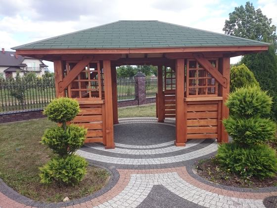Altana drewniana wolnostojąca, AW024, wymiar 3x4m, kolor teak, pokrycie gont zielony, dach 4S, barierka B01, realizacja Ciesielnia, zdjęcie 10