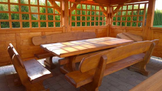 Altana drewniana wolnostojąca, AW030, wymiar 4x5m, kolor teak, pokrycie gont czerwony, dach 4S, barierka B02, realizacja Ciesielnia, zdjęcie 4