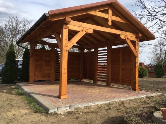 Altana drewniana wolnostojąca, AW042, wymiar 3,2x4,3m, kolor pinia, pokrycie gont czerwony, dach 2S, barierka B06, realizacja Ciesielnia, zdjęcie 8