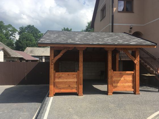 Altana drewniana wolnostojąca, AW053, wymiar 3x4m, kolor teak, pokrycie gont czarny, dach 2S, barierka B07, realizacja Ciesielnia, zdjęcie 2