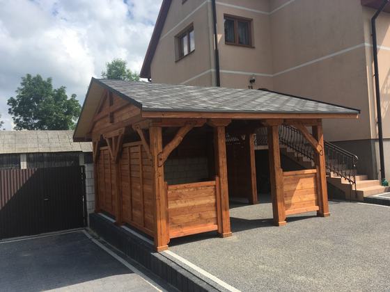 Altana drewniana wolnostojąca, AW053, wymiar 3x4m, kolor teak, pokrycie gont czarny, dach 2S, barierka B07, realizacja Ciesielnia, zdjęcie 3