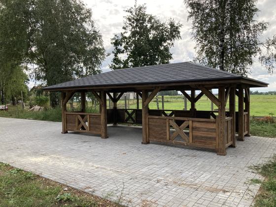 Altana drewniana wolnostojąca, AW059, wymiar 4x8m, kolor palisander, pokrycie gont czarny, dach 4S, barierka B03, realizacja Ciesielnia, zdjęcie 6