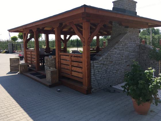 Altana drewniana z grillem, AG011, wymiar 4x6m, kolor kasztan, pokrycie gont brazowy, dach 4S, barierka B01, realizacja Ciesielnia, zdjęcie 4