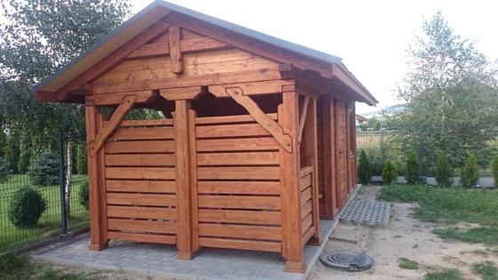 Drewutnia lub konstrukcja użytkowa z drewna, DU001, wymiar 3x5m, kolor teak, pokrycie gont szary, dach 2S, barierka B01+PELNA-SCIANA, realizacja Ciesielnia, zdjęcie 8