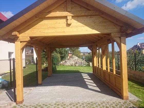 Garaż drewniany lub wiata garażowa, G002, wymiar 4x5,5m, kolor dąb, pokrycie blacha, dach 2S, rodzaj otwarty, realizacja Ciesielnia, zdjęcie 1