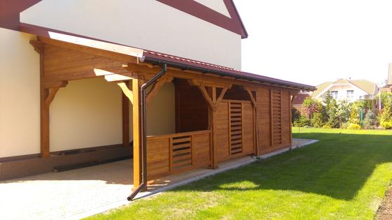 Garaż drewniany lub wiata garażowa, G003, wymiar 3,8x10m, kolor orzech, pokrycie blacha, dach 1S, realizacja Ciesielnia, zdjęcie 1