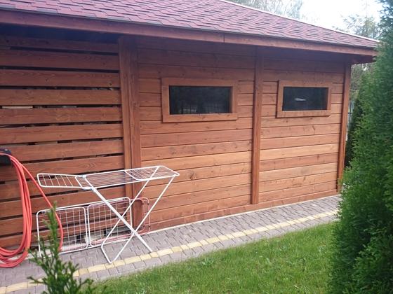 Garaż drewniany lub wiata garażowa, G005, wymiar 6x6m, kolor teak, pokrycie gont czerwony, dach 4S, realizacja Ciesielnia, zdjęcie 3