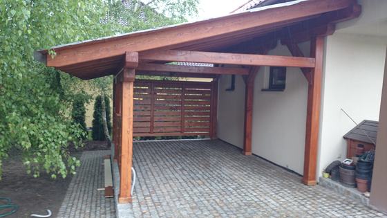 Garaż drewniany lub wiata garażowa, G008, wymiar 4x7m, kolor kasztan, pokrycie blacha, dach 1S, rodzaj otwarty, realizacja Ciesielnia, zdjęcie 1