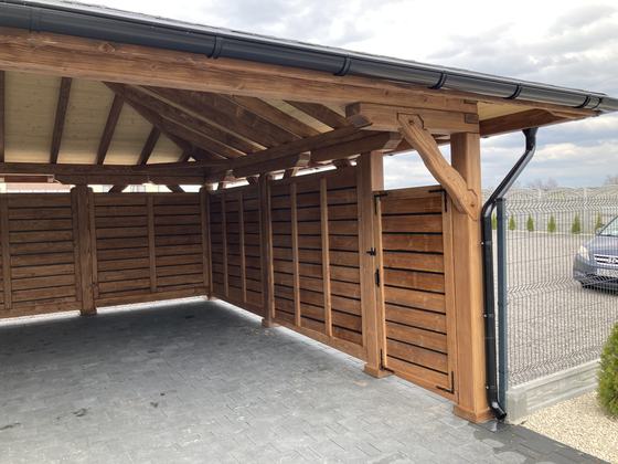 Garaż drewniany lub wiata garażowa, G021, wymiar 5,8x6,2m, kolor orzech, pokrycie gont czarny, dach 4S, rodzaj otwarty, realizacja Ciesielnia, zdjęcie 4