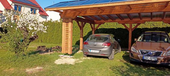 Garaż drewniany lub wiata garażowa, G022, wymiar 5x6,3m, kolor teak, pokrycie poliweglan, dach 2S, rodzaj otwarty, realizacja Ciesielnia, zdjęcie 1