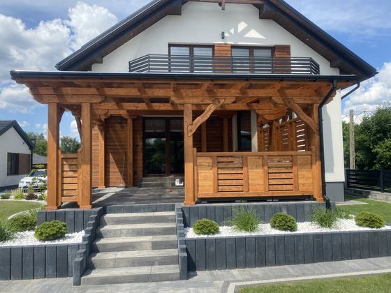 Taras lub zadaszenie drewniane, T001, wymiar 5x6,1m, kolor teak, pokrycie poliweglan, dach 1S, barierka B06, realizacja Ciesielnia, zdjęcie 8