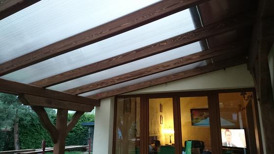 Taras lub zadaszenie drewniane, T021, wymiar 3,3x5m, kolor palisander, pokrycie poliweglan, dach 1S, realizacja Ciesielnia, zdjęcie 4