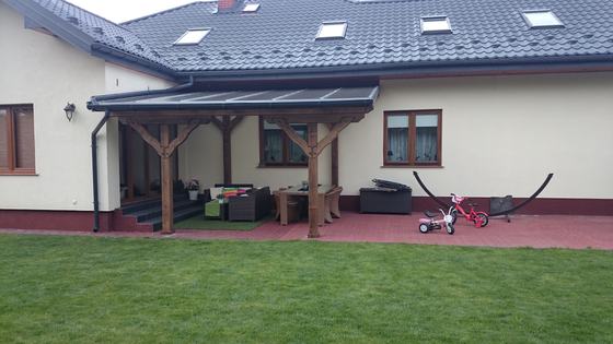 Taras lub zadaszenie drewniane, T021, wymiar 3,3x5m, kolor palisander, pokrycie poliweglan, dach 1S, realizacja Ciesielnia, zdjęcie 11