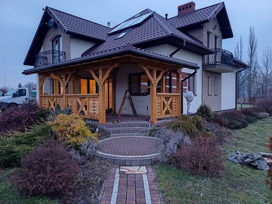 Taras lub zadaszenie drewniane, T022, wymiar 3x5,5m, kolor teak, pokrycie blacha, dach WS, realizacja Ciesielnia, zdjęcie 1