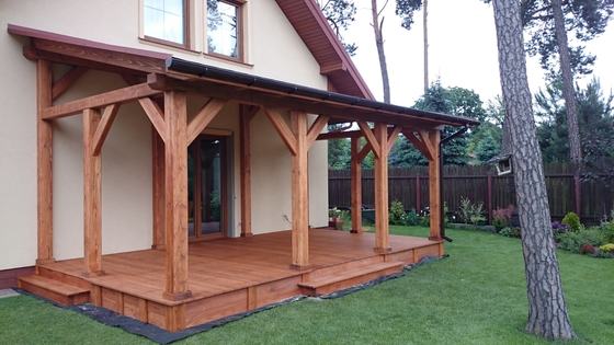 Taras lub zadaszenie drewniane, T023, wymiar 3x6m, kolor teak, pokrycie gont czerwony, dach 1S, realizacja Ciesielnia, zdjęcie 3