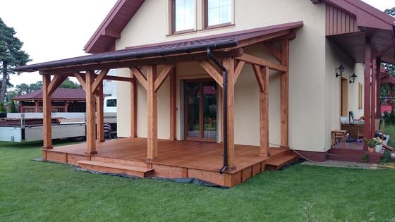 Taras lub zadaszenie drewniane, T023, wymiar 3x6m, kolor teak, pokrycie gont czerwony, dach 1S, realizacja Ciesielnia, zdjęcie 6