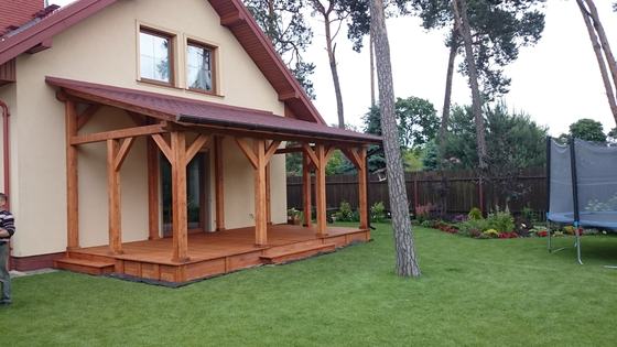 Taras lub zadaszenie drewniane, T023, wymiar 3x6m, kolor teak, pokrycie gont czerwony, dach 1S, realizacja Ciesielnia, zdjęcie 8